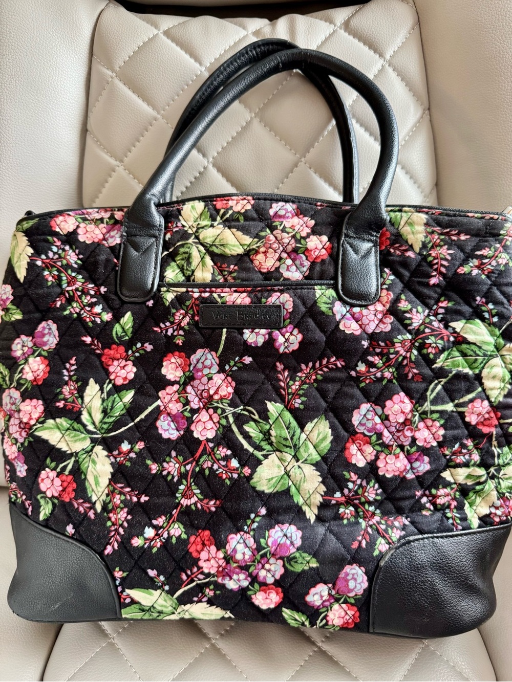 Vera Bradley Black Quilted Tote with Pink & Green Floral Print - Picture 5 of 7